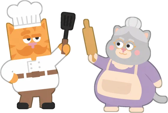Pan with a spatula and Gam Gam with a rolling pin, squaring up for a cook off.