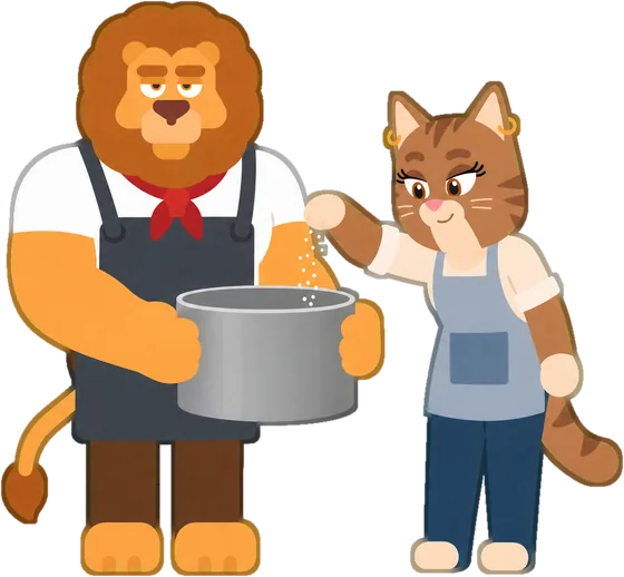 Cleaver holding a pot while Honey adds a pinch of salt.