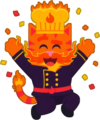 Fire Pan, in his gold toque and flaming moustache, celebrating with his arms in the air.